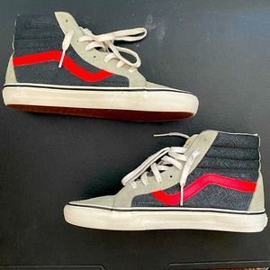 Vans SK8-Hi high top skate shoe, grey & red with suede.  Used. Mens size 9.5